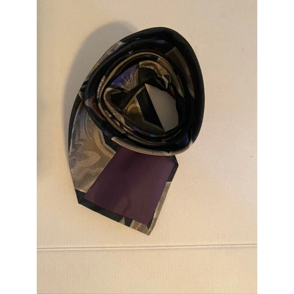 Domani Mens Geometric Abstract Silk Blend Tie Black Red Teal 90s Retro 4 Inch